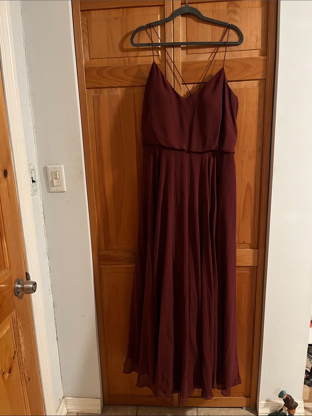 Jenny Yoo Burgundy Chiffon Maxi Dress with Spaghetti Straps